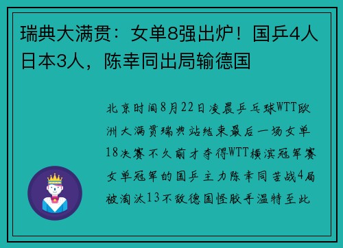 瑞典大满贯:女单8强出炉!国乒4人日本3人,陈幸同出局输德国